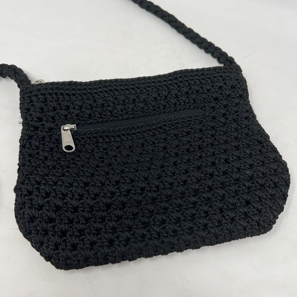 Lina Black Crochet Zip Top Crossbody Bag Purse With Braided Strap - Picture 2 of 9